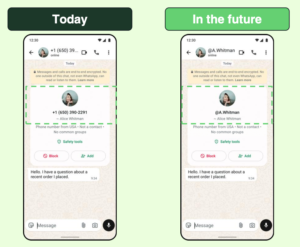 Tela de contato do WhatsApp: hoje mostra o número de telefone; no futuro, o username @A.Whitman
